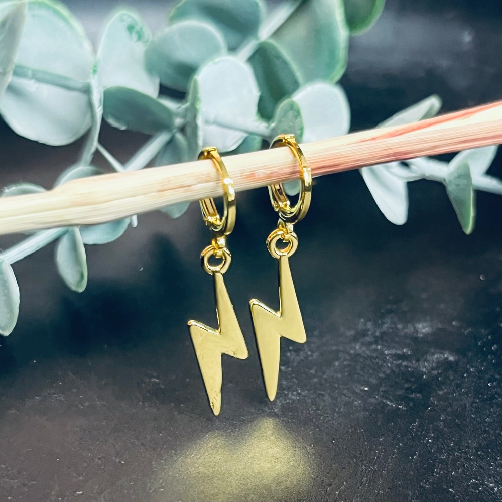 Storm God Lightning Bolt Huggie Hoop Earrings | Yellow Gold Plated Dangle